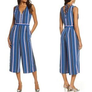 NWT 1901 Nordstrom Size M Striped Crop Pant Jumpsuit Playsuit Blue and White